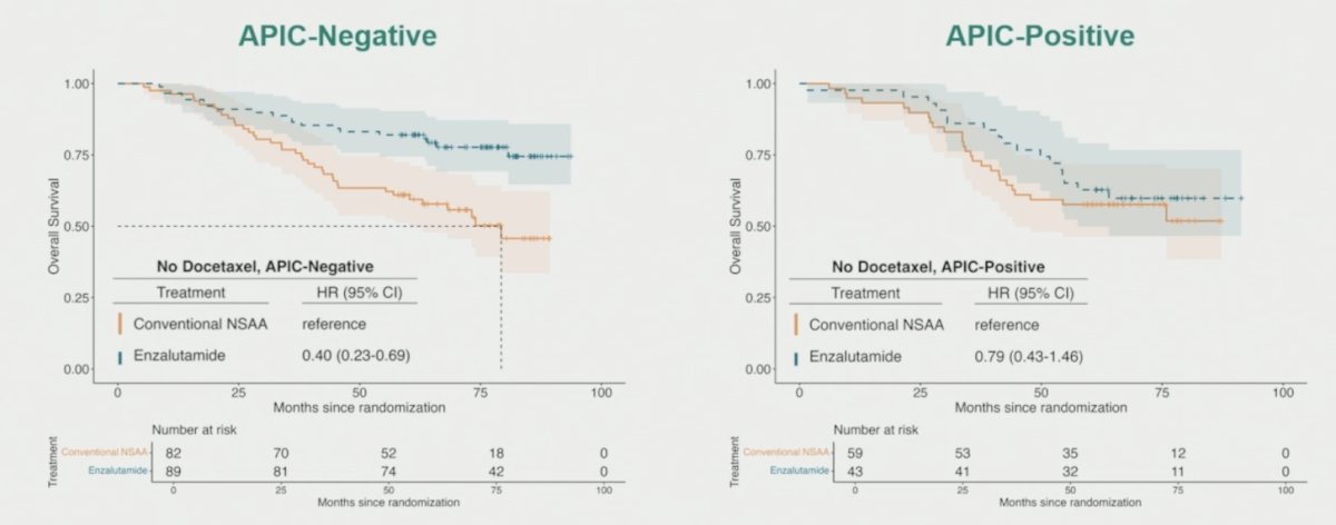 Excluding early docetaxel use, APIC-negative was also associated with enzalutamide benefit (HR 0.40, 95% CI 0.23-0.69), while no significant benefit was observed for APIC-positive addition of enzalutamide (HR 0.79, 95% CI 0.43-1.46):