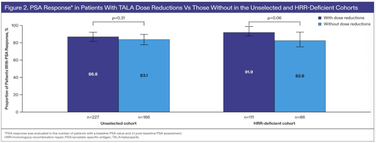 Figure 2 evaluated PSA response rates. PSA response rates remained high and comparable irrespective of dose reduction status. In the unselected cohort, PSA response rates were 86.8% among patients with dose reductions and 83.1% among those without dose reductions (p=0.31). In the HRR-deficient cohort, corresponding PSA response rates were 91.9% and 82.6%, respectively (p=0.06). Duration of soft tissue response was also similar regardless of dose reduction status in both cohorts.