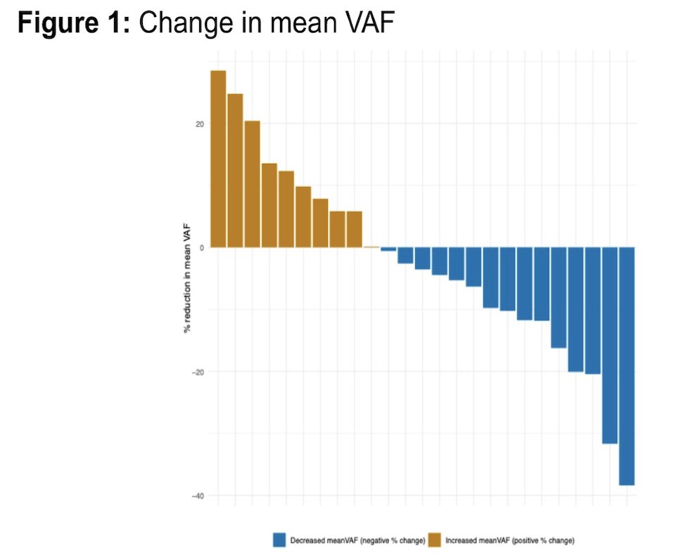 Paired molecular data were available for 25 patients. Variant allele frequency was measurable in all patients who had samples collected and reduction was observed in 15 of 25 patients (60%, one-sided 95% CI, 41.7%-100%; p < 0.01):