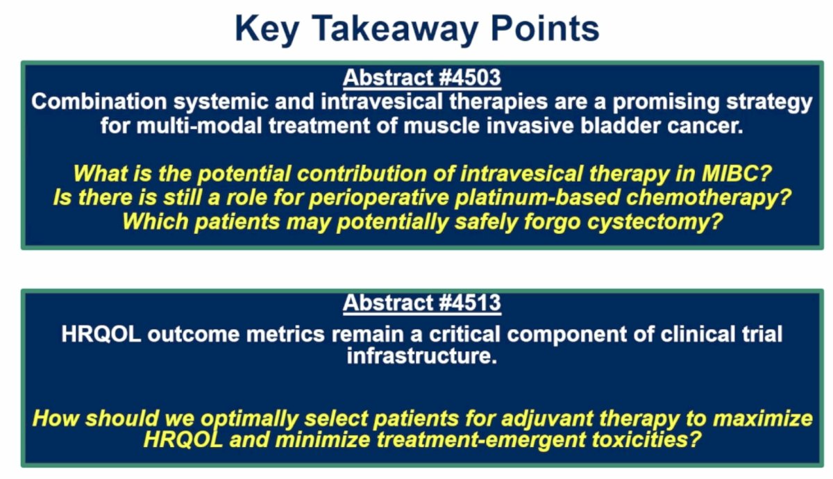 Dr. Reimer framed both studies around a central question: how can multidisciplinary treatment strategies improve cure rates for patients with localized muscle-invasive bladder cancer (MIBC) while simultaneously preserving quality of life and minimizing treatment-related toxicity?