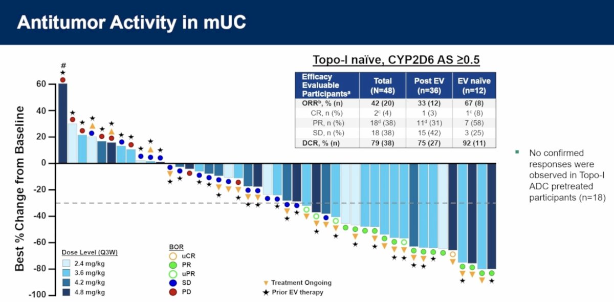 Preliminary antitumor activity was particularly notable among patients with metastatic urothelial carcinoma who were topoisomerase-I ADC naïve and had CYP2D6 activity scores ≥0.5. Among 48 efficacy-evaluable patients, the overall response rate (ORR) was 42% (20/48), including confirmed complete responses in 4% and partial responses in 38%. The disease control rate (DCR) was 79% (38/48). Responses were observed regardless of prior enfortumab vedotin exposure. Among patients previously treated with EV (n=36), ORR was 33% (12/36), and DCR was 75% (27/36). In EV-naïve patients (n=12), ORR reached 67% (8/12) with a DCR of 92% (11/12). Importantly, no confirmed responses were observed among the 18 patients previously exposed to a topoisomerase-I ADC, suggesting potential payload-class cross-resistance.
