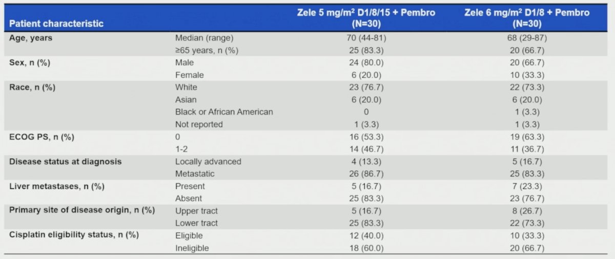 The interim analysis was performed at 27 weeks of follow-up (n = 30 each zelenectide pevedotin dose group). The baseline characteristics of this cohort are highlighted in the following table: