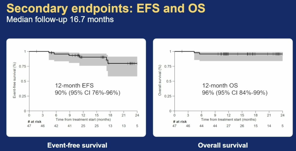 At a median follow-up of 16.7 months, secondary survival endpoints were favorable. Twelve-month EFS was 90% (95% CI 76%–96%), while 12-month OS was 96% (95% CI 84%–99%).