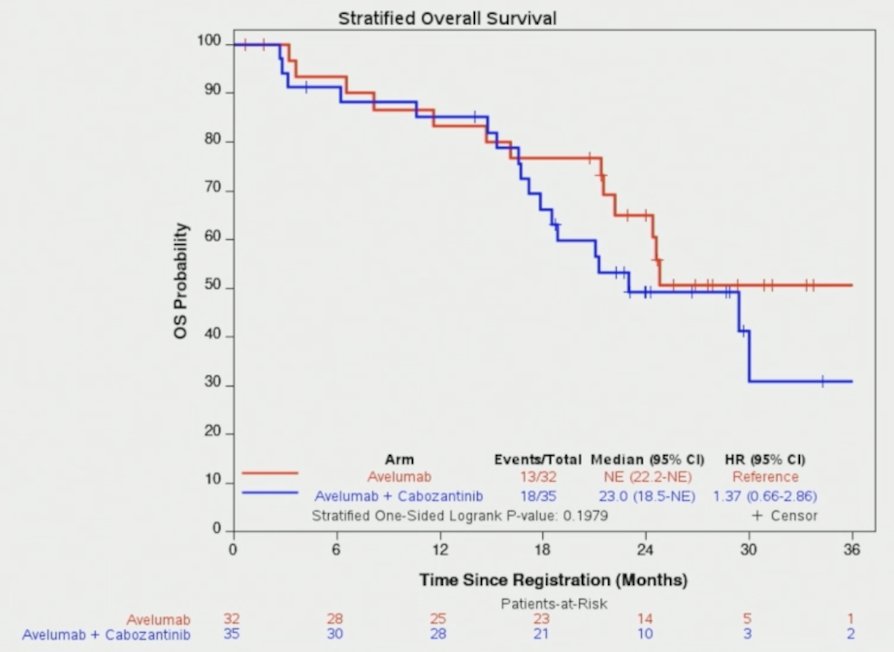 The median overall survival was not reached with avelumab and 23.0 months with avelumab + cabozantinib (HR 1.37; 95% CI 0.66–2.86):