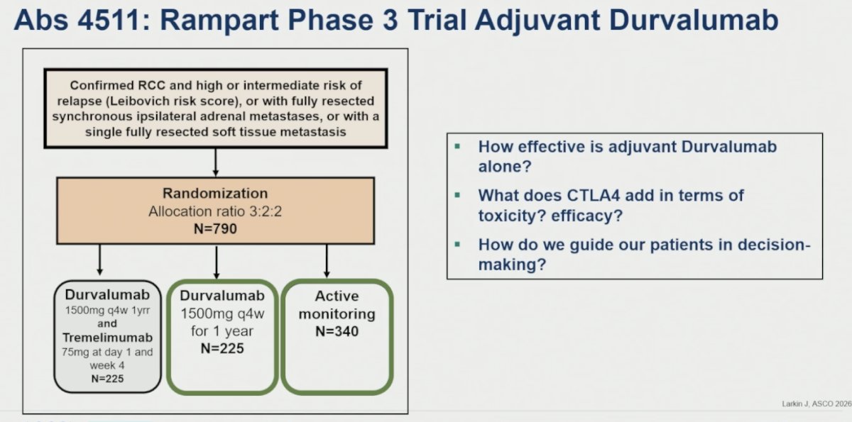 Dr. Sridhar also reviewed the phase 3 RAMPART trial evaluating adjuvant durvalumab with or without tremelimumab in patients with high- or intermediate-risk RCC following surgery. In this study, 790 patients were randomized in a 3:2:2 fashion to durvalumab plus tremelimumab, durvalumab monotherapy, or active monitoring. She emphasized that the study was designed to address several clinically relevant questions in the adjuvant RCC setting, including the efficacy of adjuvant durvalumab alone, the incremental benefit and toxicity associated with CTLA-4 inhibition, and how these data can better guide shared decision-making with patients.7