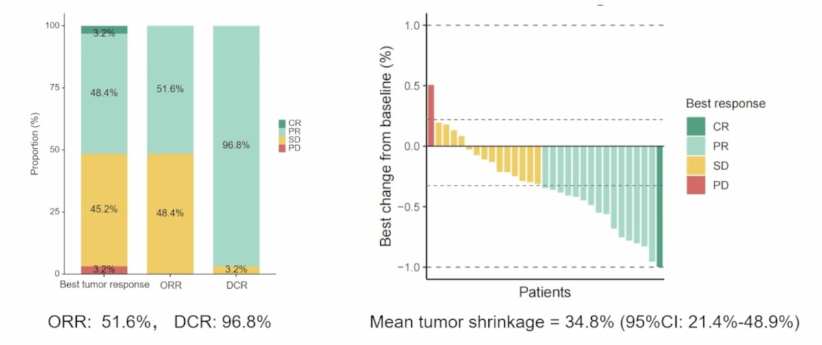 The median follow-up duration was 14.4 months. In phase Ib, no dose-limiting toxicities were observed, and adverse events were reported in 100% (6/6) of cases. Grade ≥ 3 treatment-related adverse events occurred in 66.7% (4/6) of cases, including proteinuria, hypertriglyceridemia, myasthenia gravis, diarrhea, and increased alanine aminotransferase. The recommended phase II dose for cadonilimab was 10 mg/kg. For secondary endpoints, objective response rate was 50% (2/4) and disease control rate was 100% (6/6). In phase II, the objective response rate was 51.6% (16/31), the disease control rate was 96.8% (30/31), and mean tumor shrinkage was 34.8% (95% CI 21.4%-48.9%):