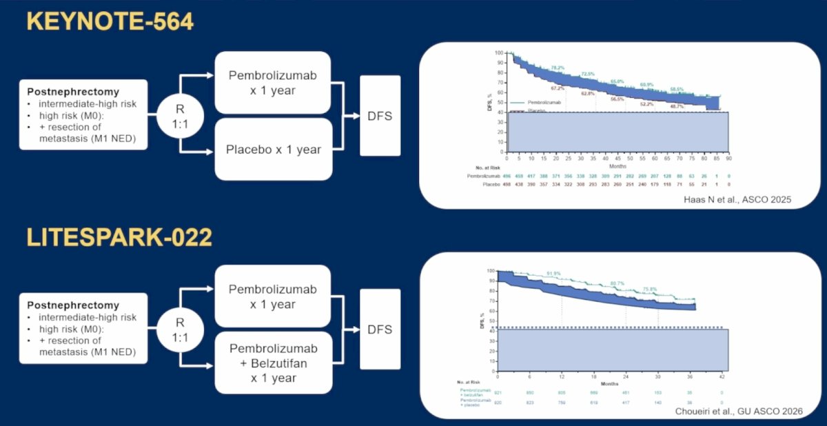 Similarly, in the recently presented LITESPARK-022 trial assessing pembrolizumab + belzutifan versus pembrolizumab, the combination therapy improved disease free survival, with a similar net benefit versus pembrolizumab alone:&nbsp;