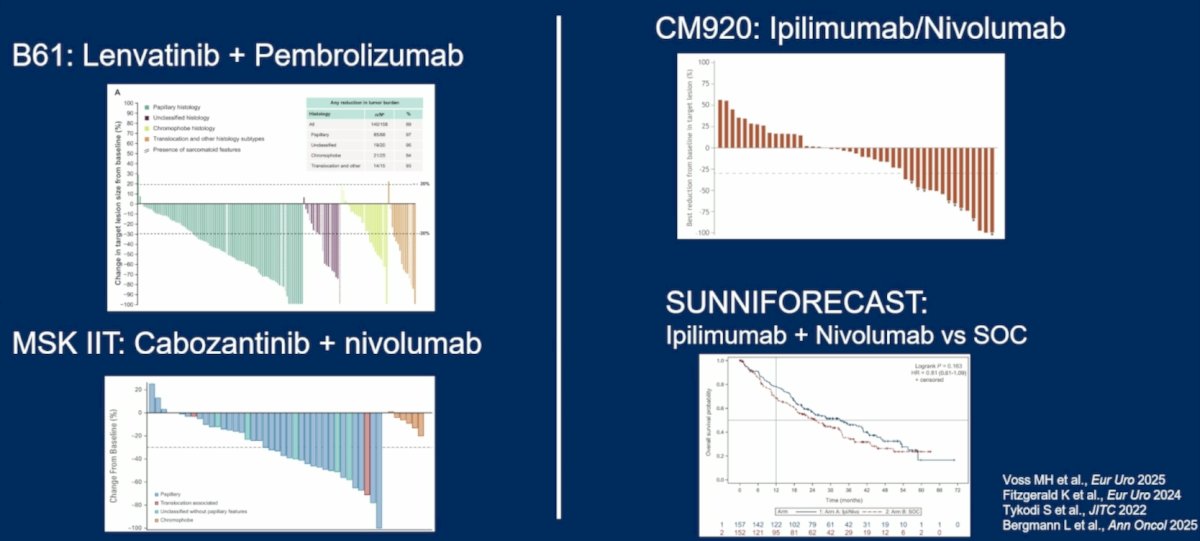 Dr. Voss then discussed the trial of first-line cadonilimab + axitinib in advanced non-clear cell RCC. Contemporary regimens in non-clear cell RCC include lenvatinib + pembrolizumab, cabozantinib + nivolumab, and ipilimumab + nivolumab:&nbsp;