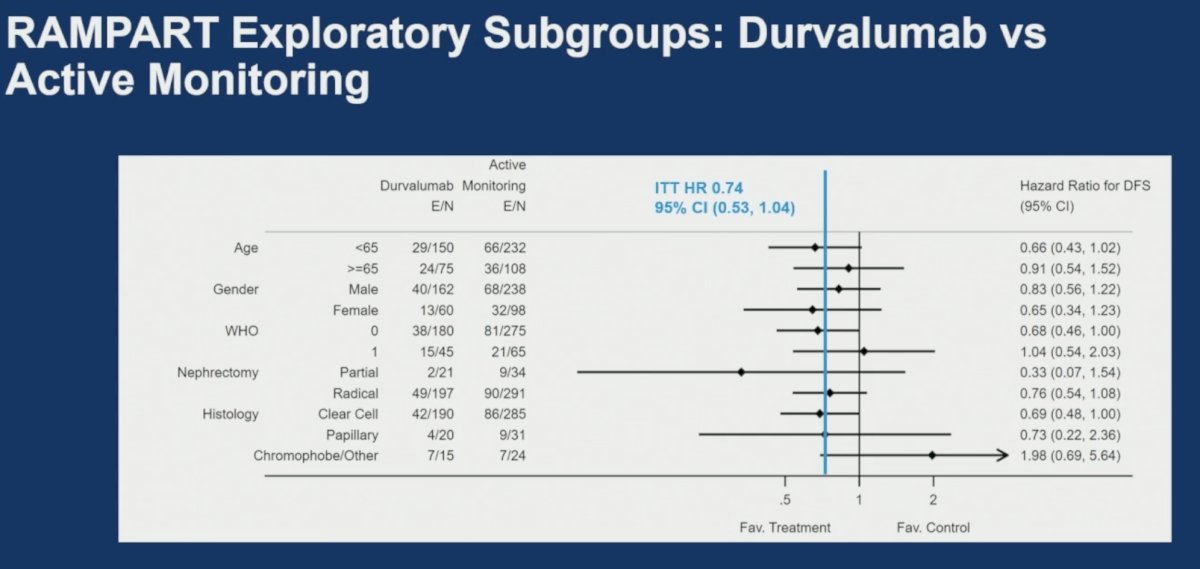 Exploratory subgroup analyses evaluating age, sex, M1 NED status, nephrectomy type, histology, and cytoreductive nephrectomy generally demonstrated consistency with the overall treatment effects. Forest plots showed no major heterogeneity across clinical subgroups, although confidence intervals widened substantially in smaller patient subsets.
