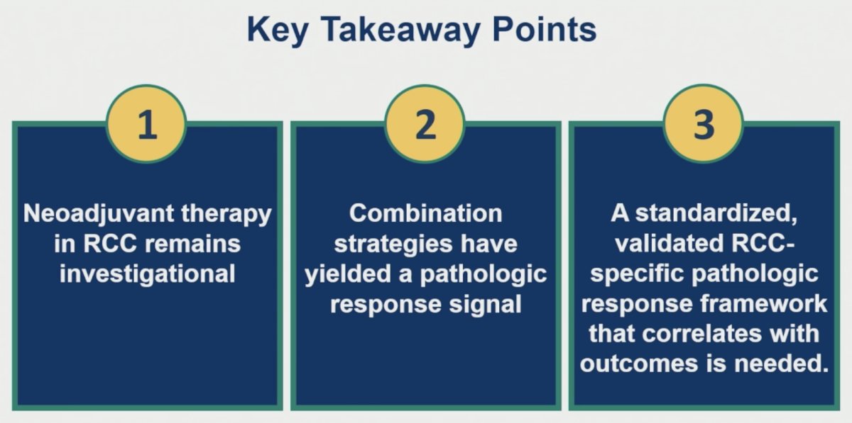 In her concluding remarks, Dr. McKay emphasized three key takeaways. First, neoadjuvant therapy in RCC remains investigational. Second, combination immunotherapy-based strategies have demonstrated encouraging pathologic response signals. Third, the development and validation of a standardized RCC-specific pathologic response framework that correlates with long-term outcomes remains a critical unmet need for the field.