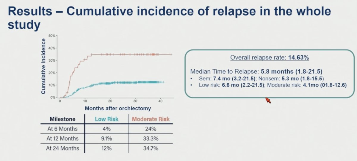 The overall relapse rate of the overall cohort was 14.63% following orchiectomy. Median time to relapse was 5.8 months overall, occurring somewhat earlier in patients with nonseminoma compared with seminoma (5.3 vs 7.4 months, respectively). Relapse timing also differed according to risk group, with moderate-risk patients relapsing earlier than low-risk patients, with median times to relapse of 4.1 and 6.6 months, respectively. Cumulative incidence analyses further demonstrated substantially higher relapse rates among moderate-risk patients, reaching 24% at 6 months, 33.3% at 12 months, and 34.7% at 24 months, compared with corresponding relapse rates of 4%, 9.1%, and 12% in the low-risk cohort.