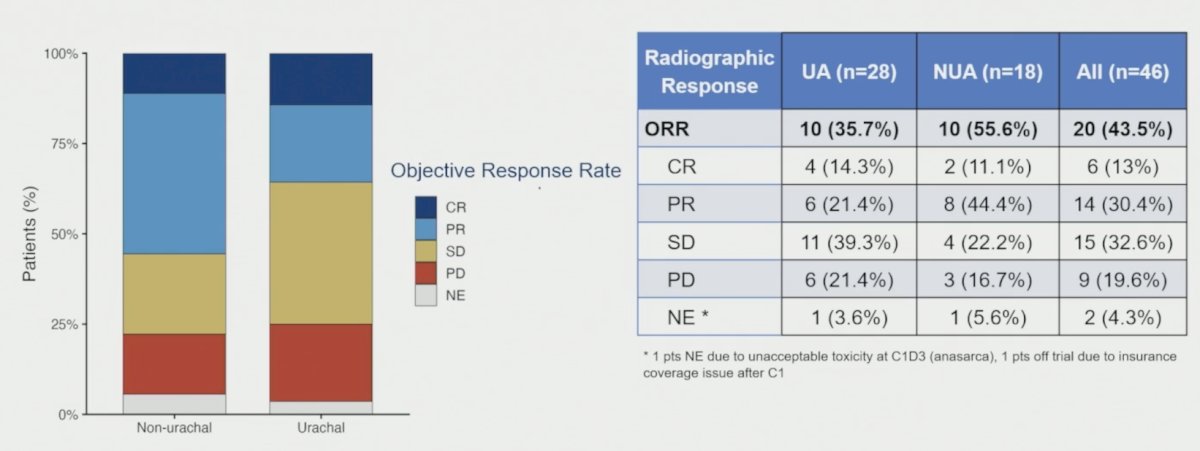 The objective response rate was 44% (20/46), and among responders, the median duration of response was 8.6 months (95% CI 4.6–30.8). There were 6 (13%) of patients who had a complete response, and 14 (30.4%) of patients who had a partial response:
